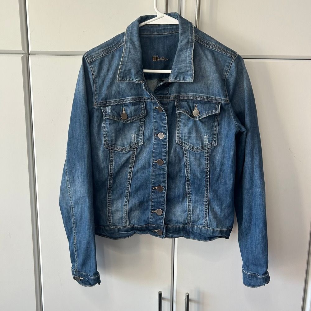 KUT from the Kloth Helena Denim Jacket Blue Distressed Trucker Size L